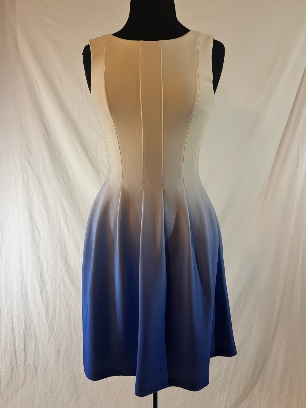 Calvin Klein White & Blue Ombre Fit Flare Dress Sleeveless Feminine Pockets 6